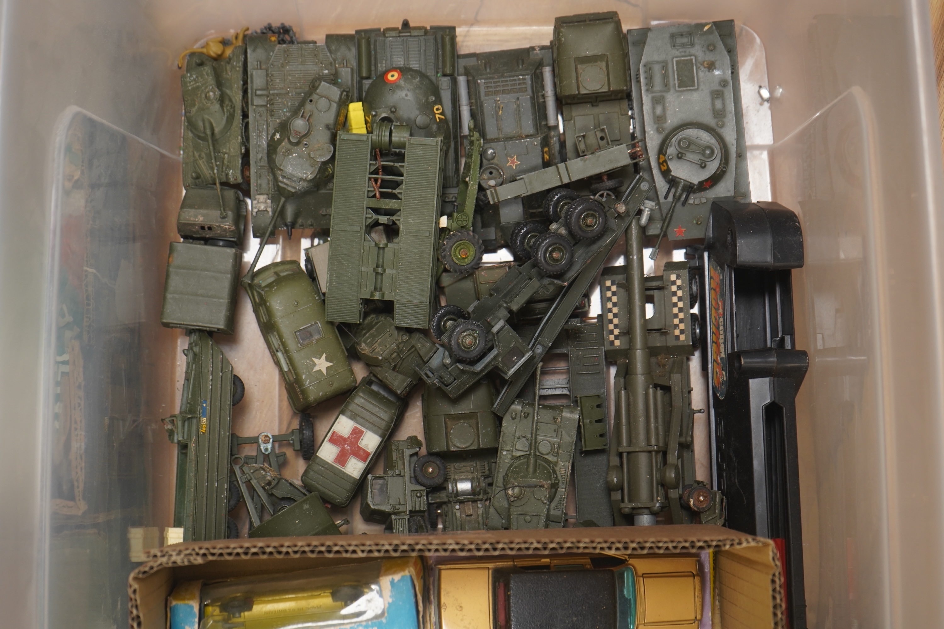 A collection of diecast vehicles by Dinky Toys, Corgi Toys, Husky, Matchbox Series, etc. including a good selection of French Dinky Toys military vehicles, original Chipperfields Circus vehicles, cars, commercial vehicle